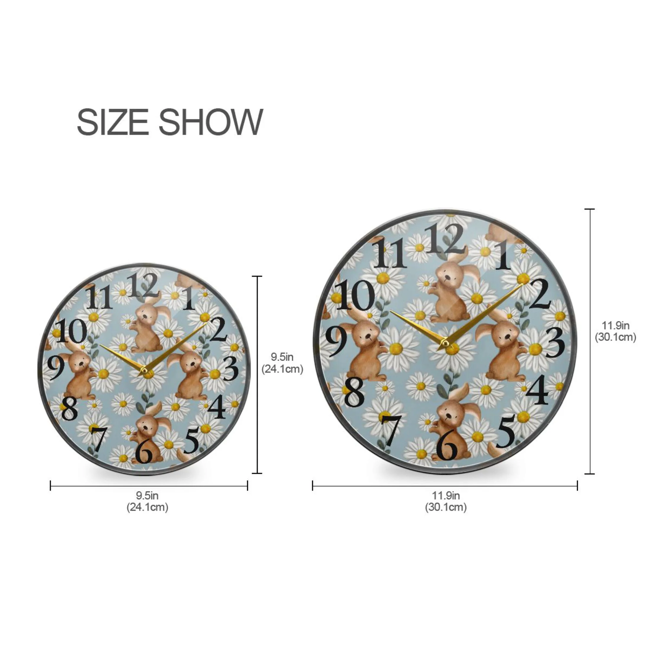 Rabbit and Daisy Flower Watercolor Wall Clocks Battery Operated 9.5 Inch Round Clock Acrylic Silent Non-Ticking Bedroom Living Room Decorative Clocks