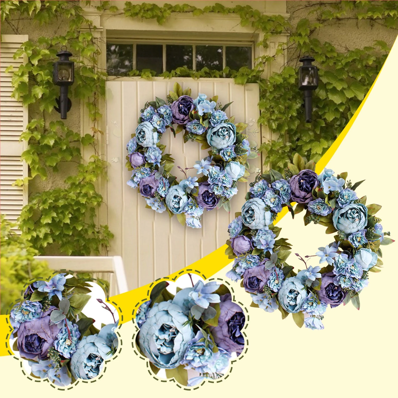 Yeetfub Faux flowers Silk Flowers Spring Leaf Wreath Plastic Artificial Plant Home Decoration Wreath Front Door for Window Garden Office Patio Planter Pathway Front Porch
