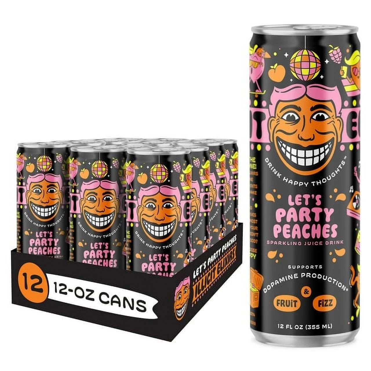 Illicit Elixirs Let's Party Peaches - Sparkling Juice Drink - Supports Dopamine Production - 12 Pack - 12 Oz Cans