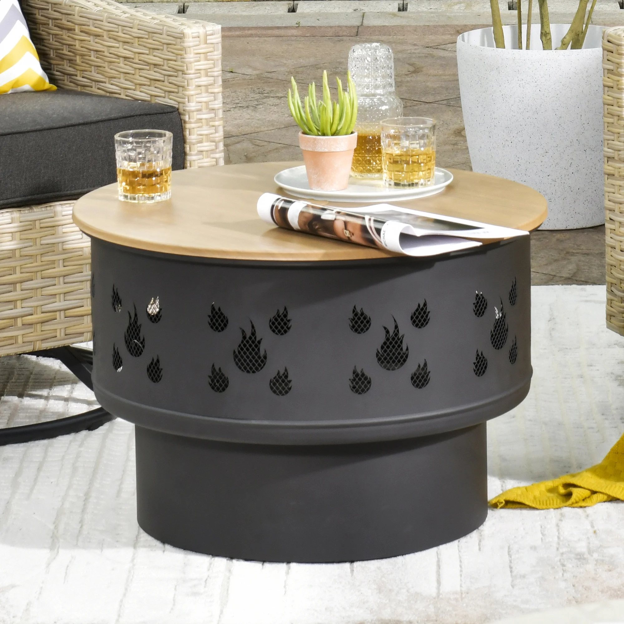 HOOOWOOO Outdoor Wood Burning Fire Pit Table Steel 2 in 1 with Lid Stove Bonfire Pit Stove for Patio Backyard