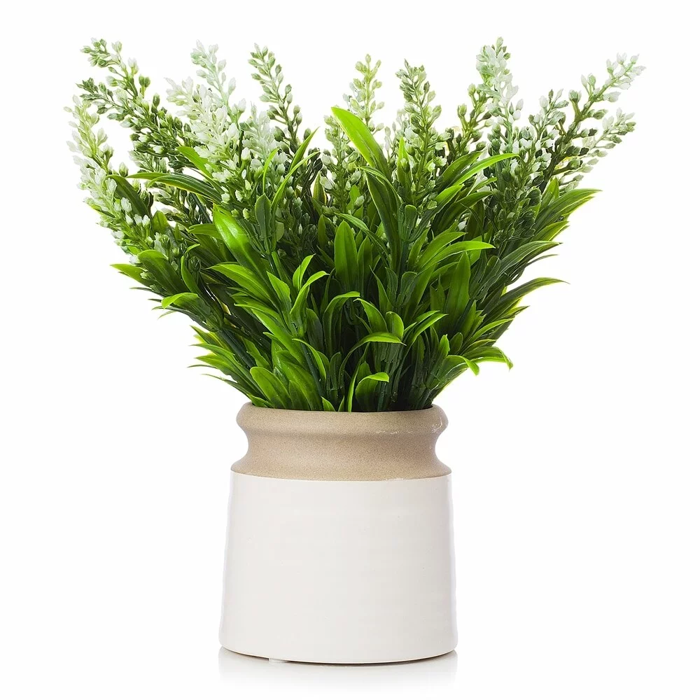 Enova Home  Artificial Lavender Floral Fake Flowers Arrangement in Pot for Home Office Garden Decoration White