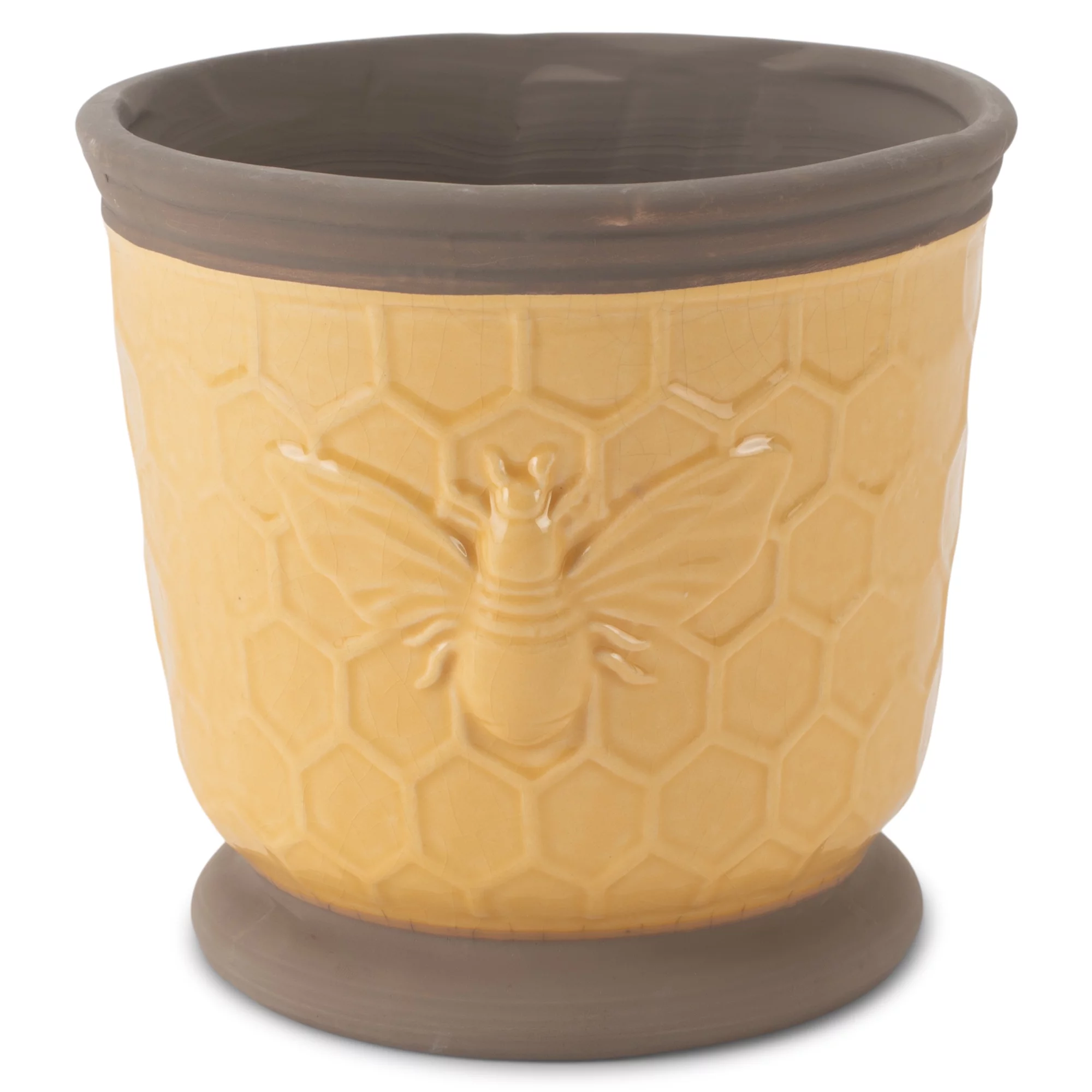 Napco Honeycomb Design Yellow and Dark Brown 4.75 Inch Ceramic Flower Pot Planter