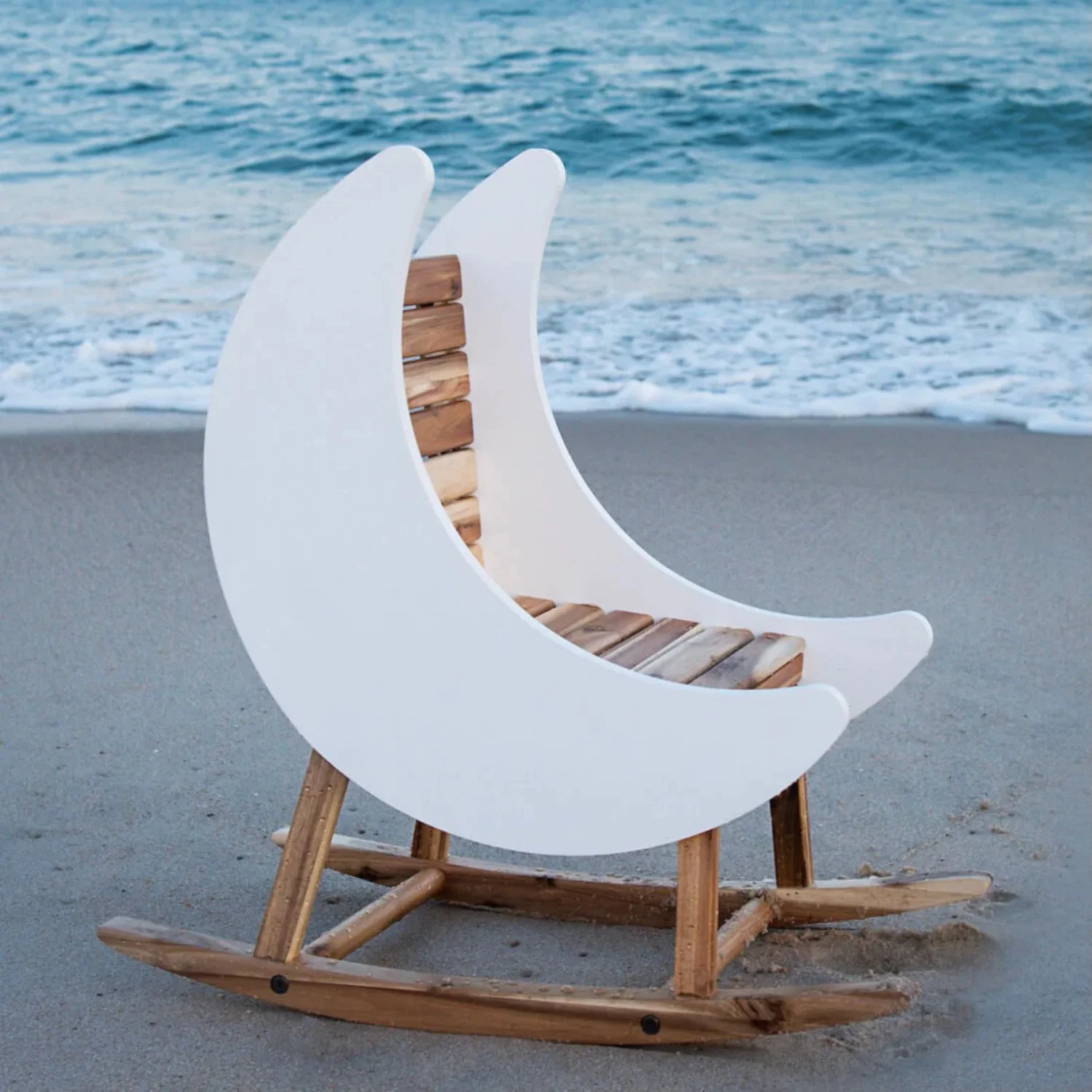 Milk Street Baby Crescent Moon Tot Rocker in Acacia with Snow GREENGUARD GOLD CERTIFIED FINISHES