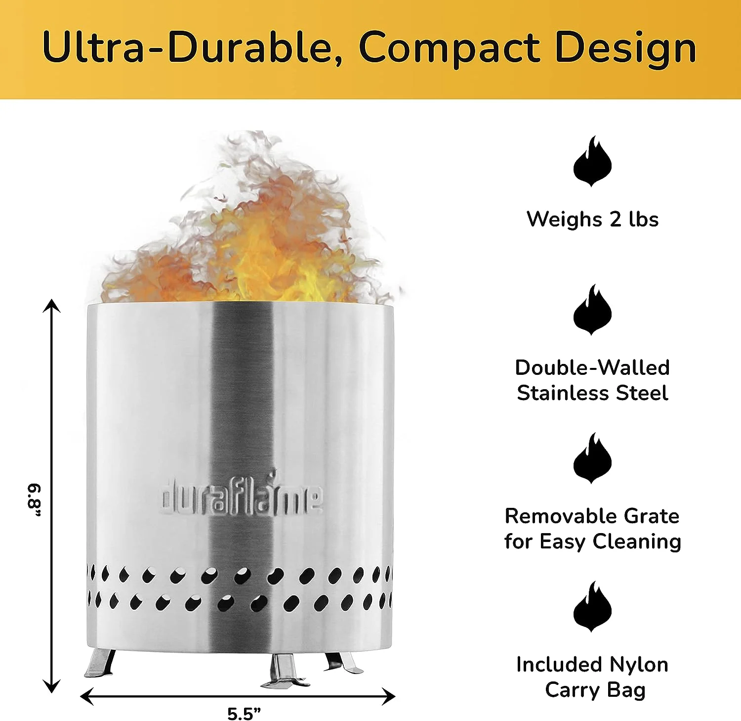 Duraflame™ 5.5 inch Table Top Fire Pit with Built-in Stand & Removable Grate, Low Smoke, Portable Mini Fire for Outdoor Use, Double Walled Stainless Steel, with Travel Bag Included.