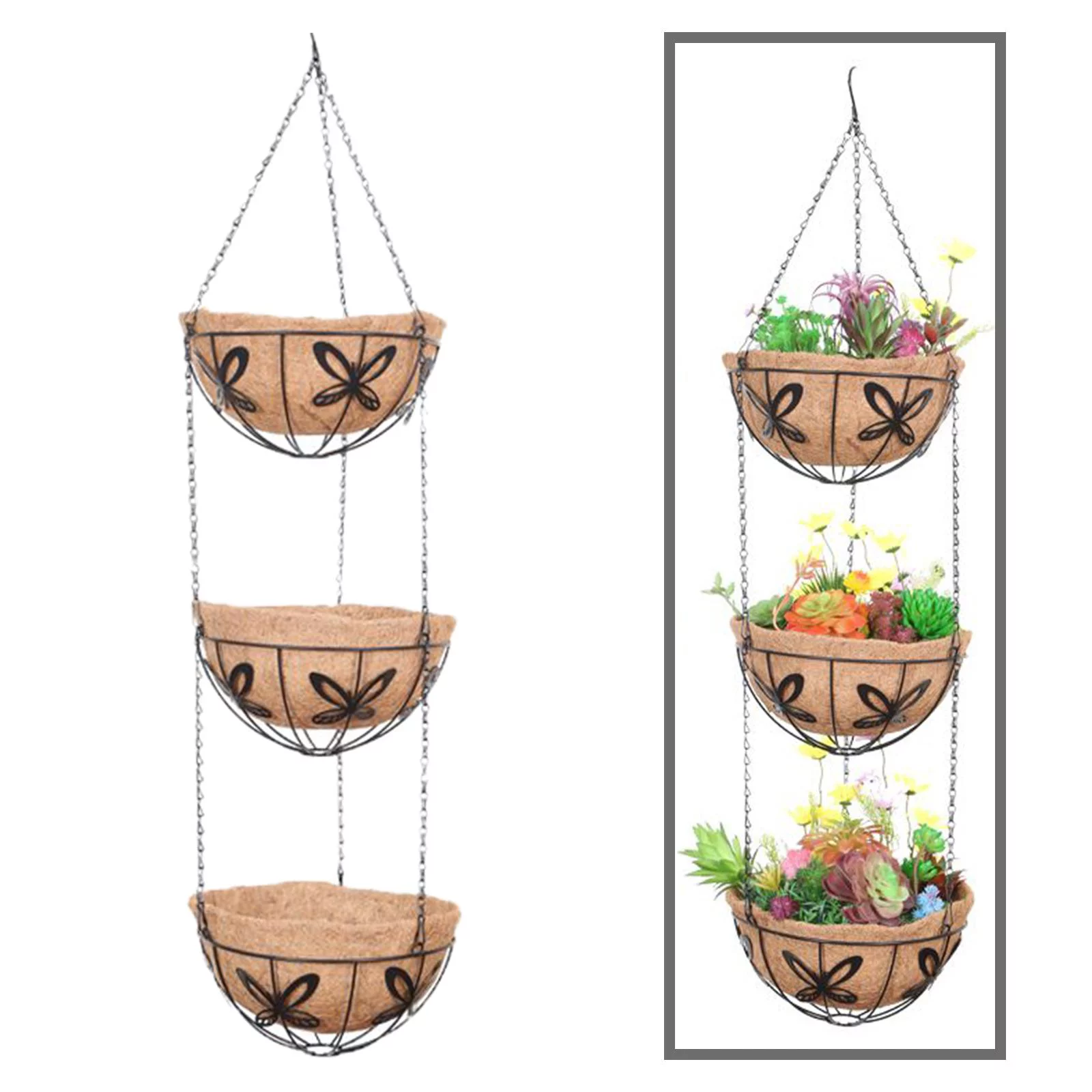 3 Tier Hanging Basket with Coconut Liner Flower Pot Round with Hanging Chain 10 Butterfly