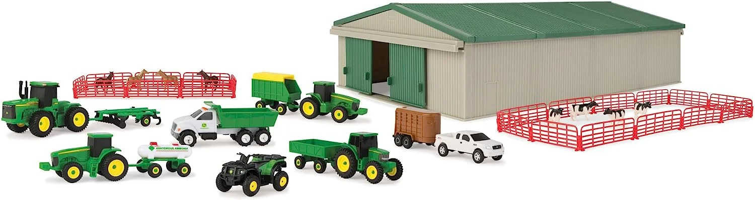 John Deere Die-Cast Farm Toys Playset - 1:64 Scale - Includes Farm Animals, Machine Shed, Toy Tractors, Toy Trucks, and Farm Tools - 70 Count - 8 Years and Up