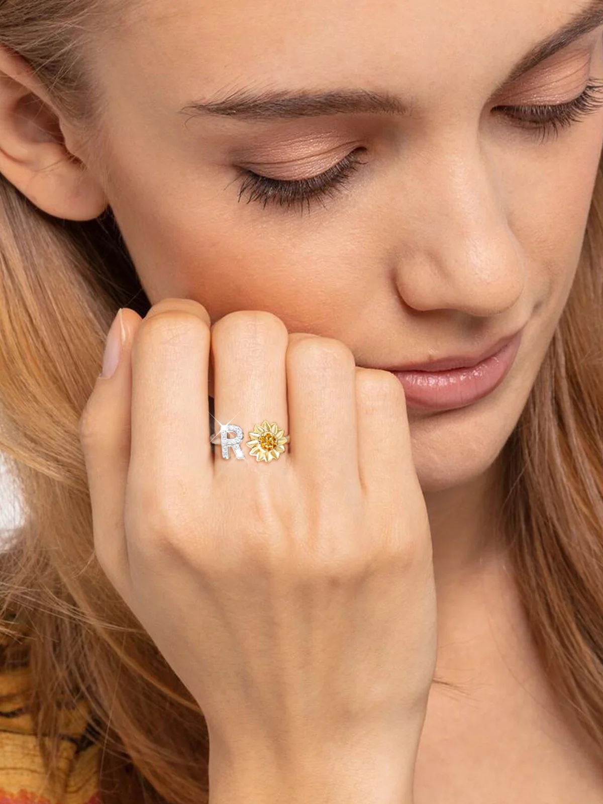 FOCALOOK Rotatable Sunflower Spinner Ring for Women 925 Sterling Silver Adjustable Open Stress Relief Fidget Ring CZ Initial S Stackable Rings Jewelry Gift