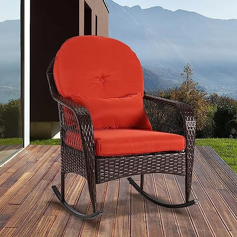 ASDRFYU Outdoor Wicker Rocking Chair  All Weather PE Rattan Rocker with Cushion & Pillow  Outdoor Rocking  for Garden  Porch  Backyard  Poolside (Brown Rattan+ Orange Cushion)