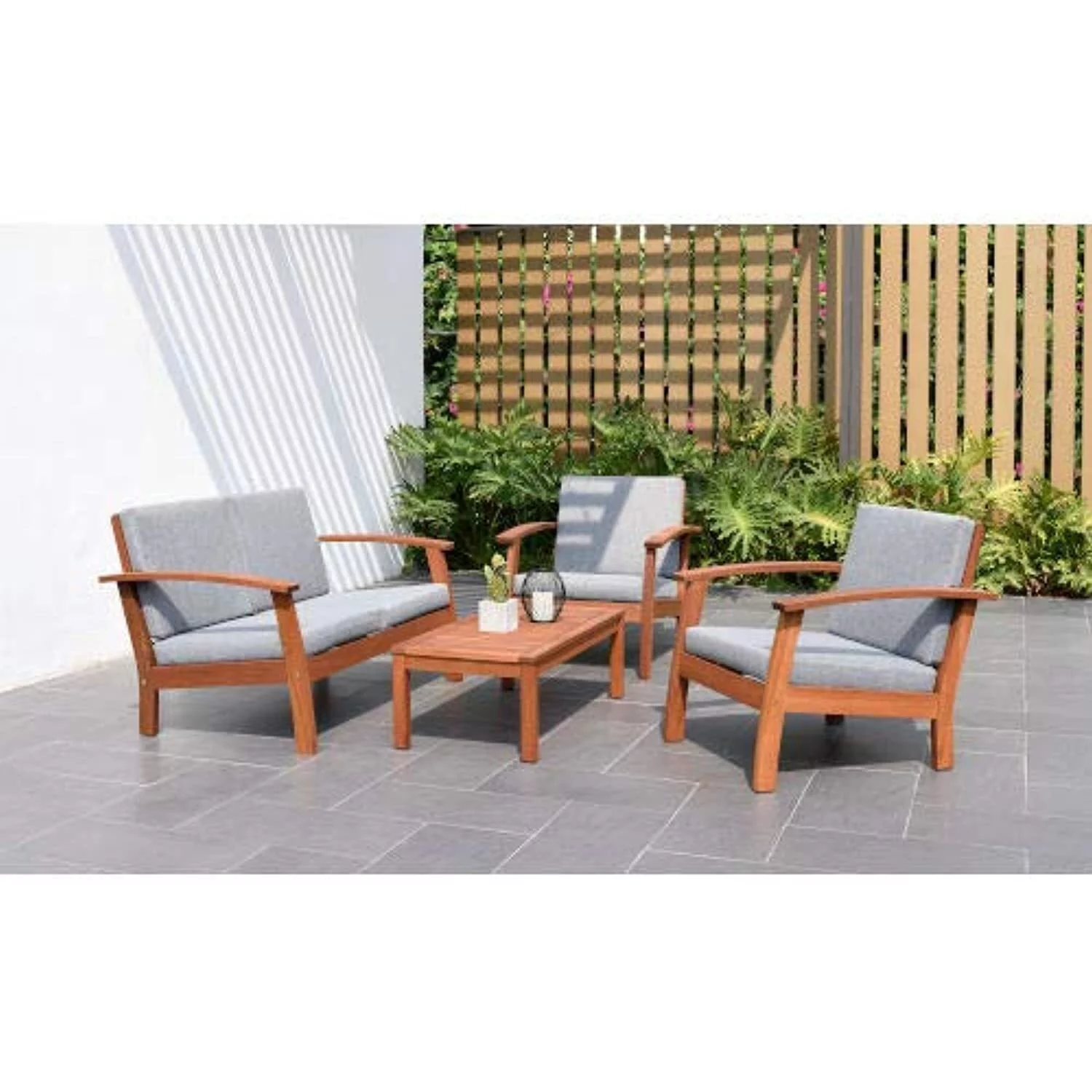 Amazonia Prescott Patio 4-Piece Conversation Set  Durable Eucalyptus with Teak Finish  Ideal for Indoors and Outdoors  Comfortable with Grey Cushions