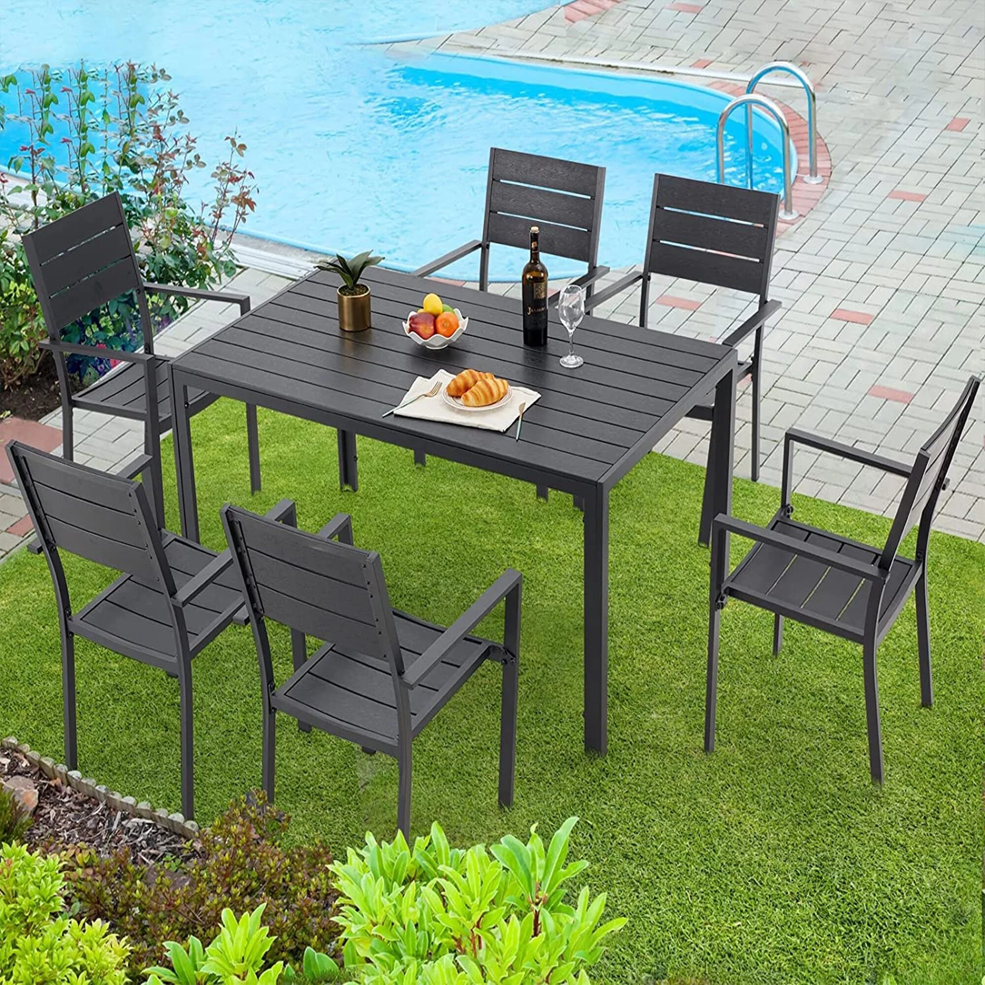 AECOJOY 7-piece Aluminum Outdoor Dining Set with Stackable Chairs