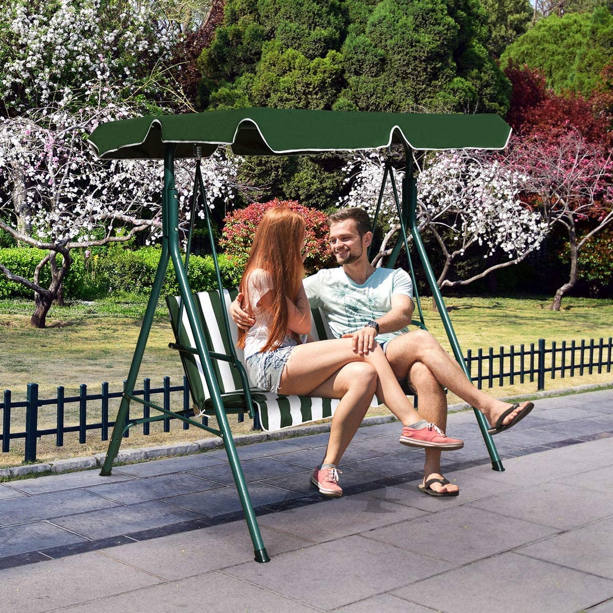 2-Person Convertible Canopy Swing Chair, Hammock Swing with Comfortable Cushion Seats, Weather Resistant Power Coated Steel Frame