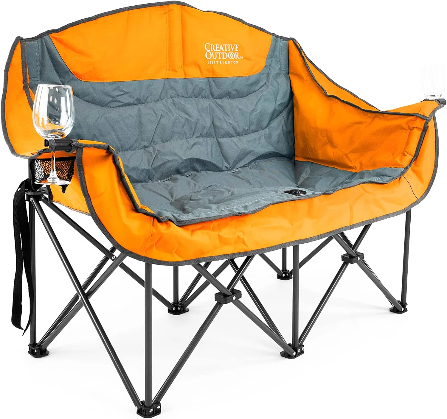 Luxury Camp Chair, Steel Frame & Polyester Fabrics, Folds Compact, Storage Bag Included (Wine Holder + 2 Person, Orange)