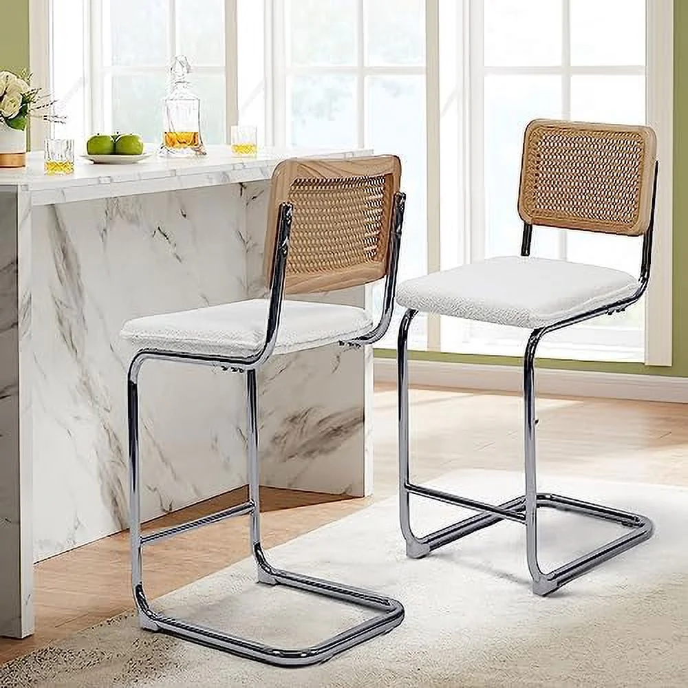 AEFRGHS Modern Cesca Cane Dining Chairs    Handwoven Rattan Cane Back  Chrome Base  Upholstered Boucle Seat  Ideal for Kitchen or Dining Room  Black