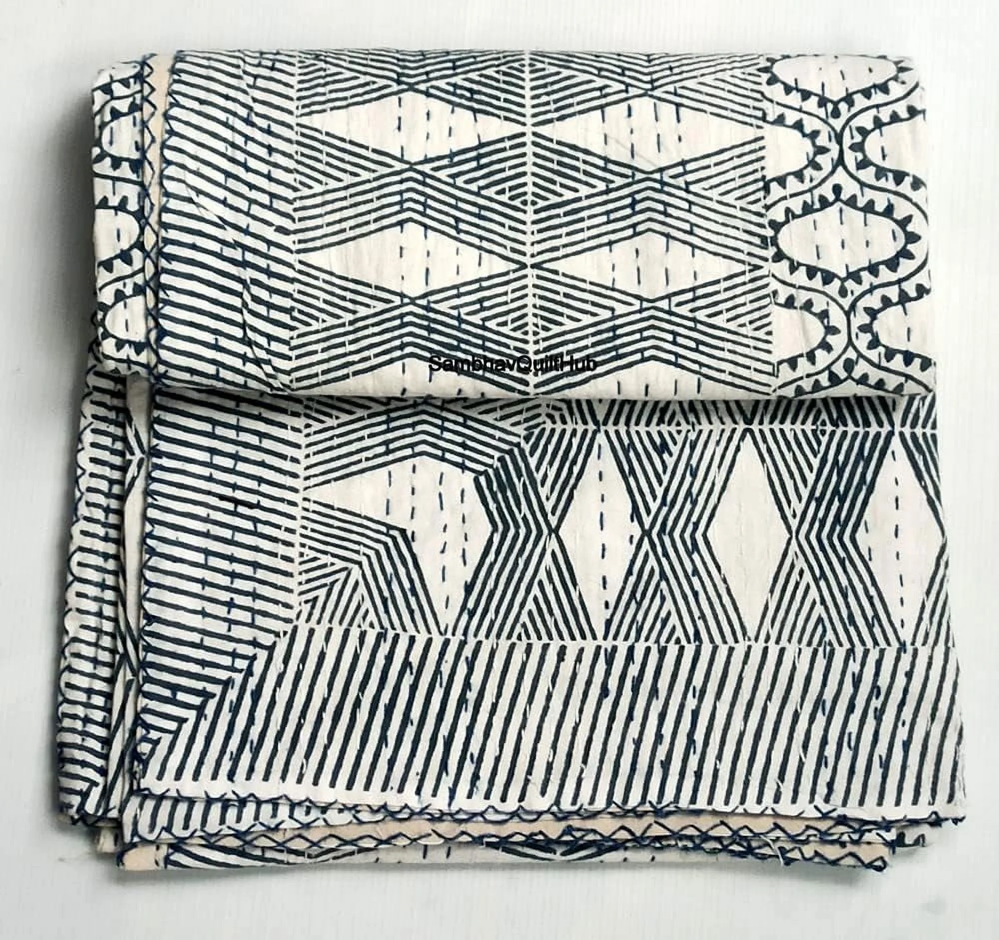 Handblock King Size Kantha Quilt, Indian Kantha Quilt, White Cotton Blanket, Handmade Bedspread, Hand Block Print, 100% Cotton Bedspread Blanket Throw