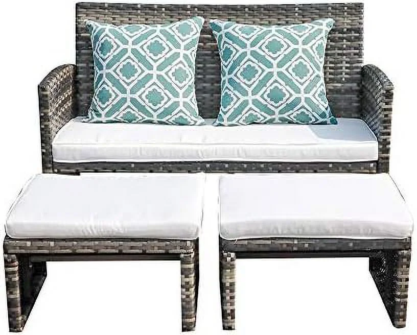 QYFZBIM Outdoor Loveseat Patio  Rattan Conversation Set with Ottoman  Light Grey Cushions  Grey Wicker  Pillows Included
