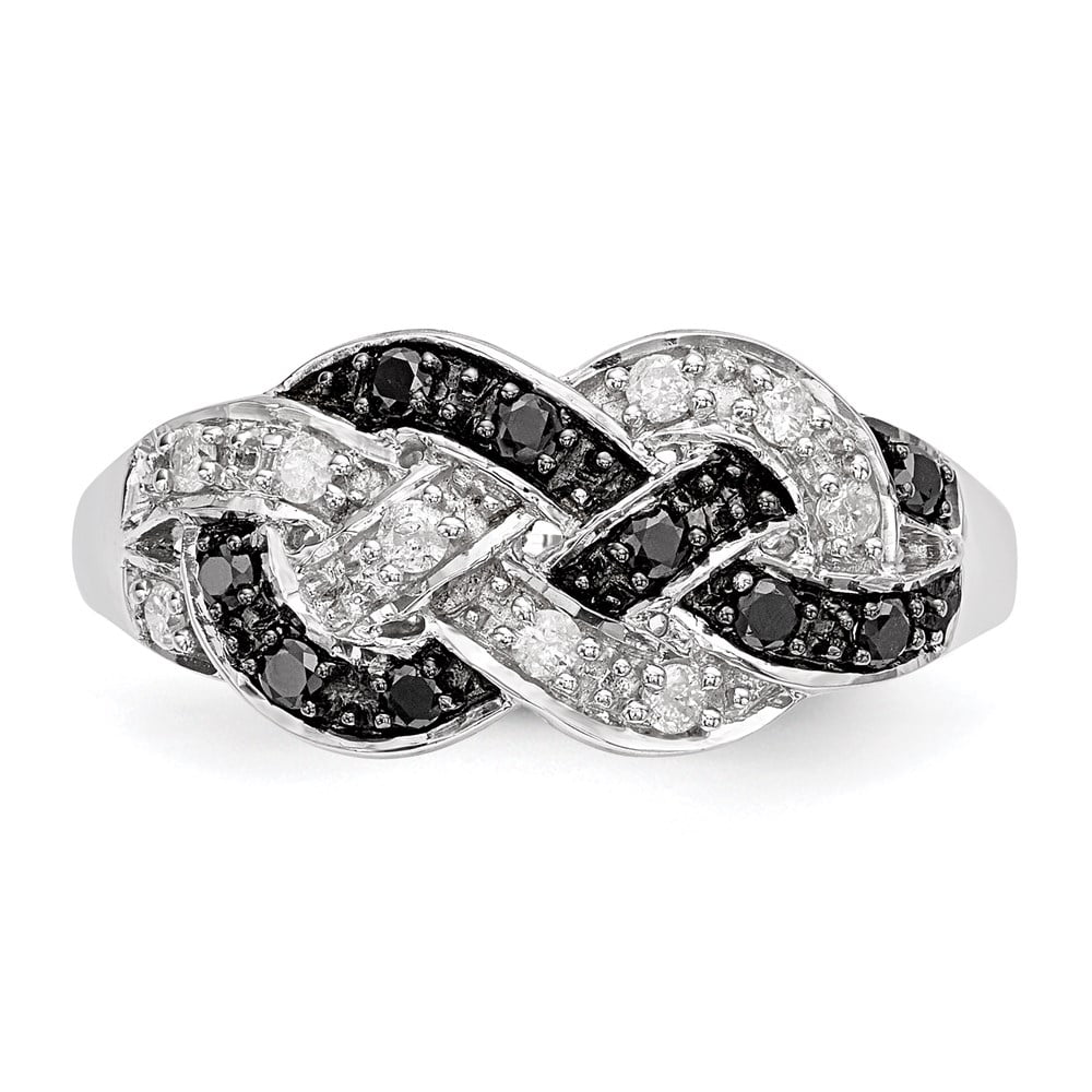 White Night Sterling Silver Rhodium-plated Black and White Diamond Intertwined Ring QQR5437-7