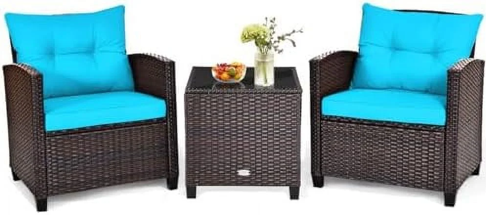 xrboomlife 3 Pieces Patio  Set Outdoor  Rattan Wicker Chairs and Table Set  Balcony Porch Conversation Set with Washable Cushions & Tempered Glass Coffee Table