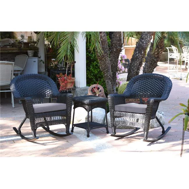 W00207R-D-2-RCES033 Black Rocker Wicker Chair Set with Steel Blue Cushion - 3 Piece