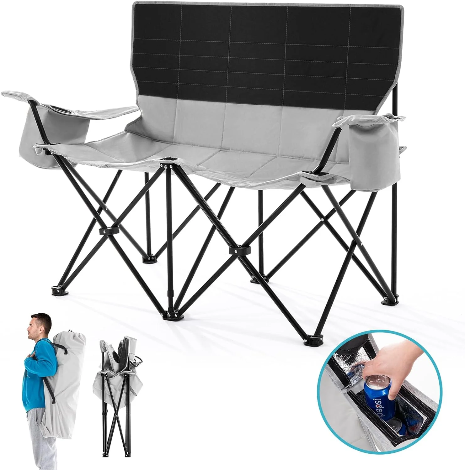 Double Camping Chair for Adults Folding Loveseat 2 Person Camping Couch with Cooler Bag Heavy Duty Oversized Lawn Chair Support 550 lbs for Outdoor Sports Fishing Beach Travel  Picnic  Gr