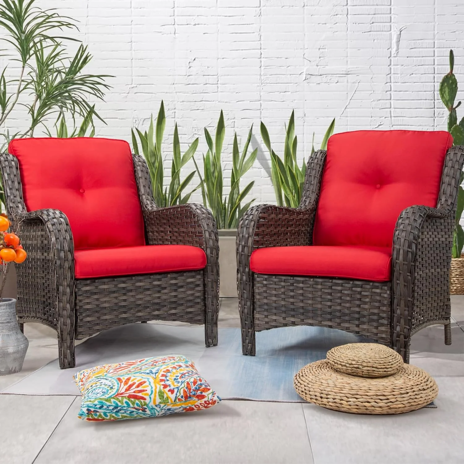 Patio Wicker Chairs Set of 2, Patio Rattan Dining Chairs with 3.5-inch Seat Cushions, High Back and Curved Armrest for Garden, Backyard, Balcony and Deck, Red