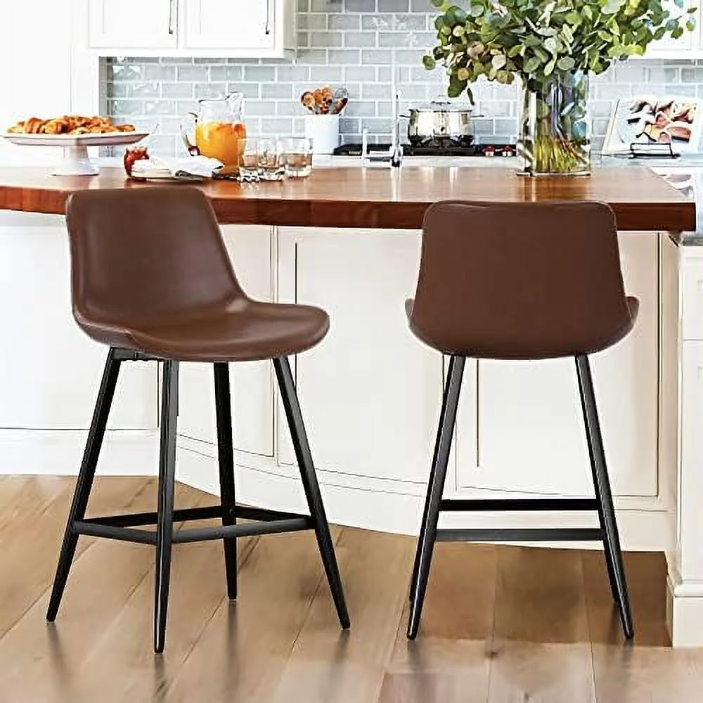 HBLUKDL Indoor/Outdoor Industrial Faux Leather Barstool with Back and Metal Leg Set of 4 Armless Chairs for High Table Kitchen Island Pub Living Room 30" Whiskey Brown