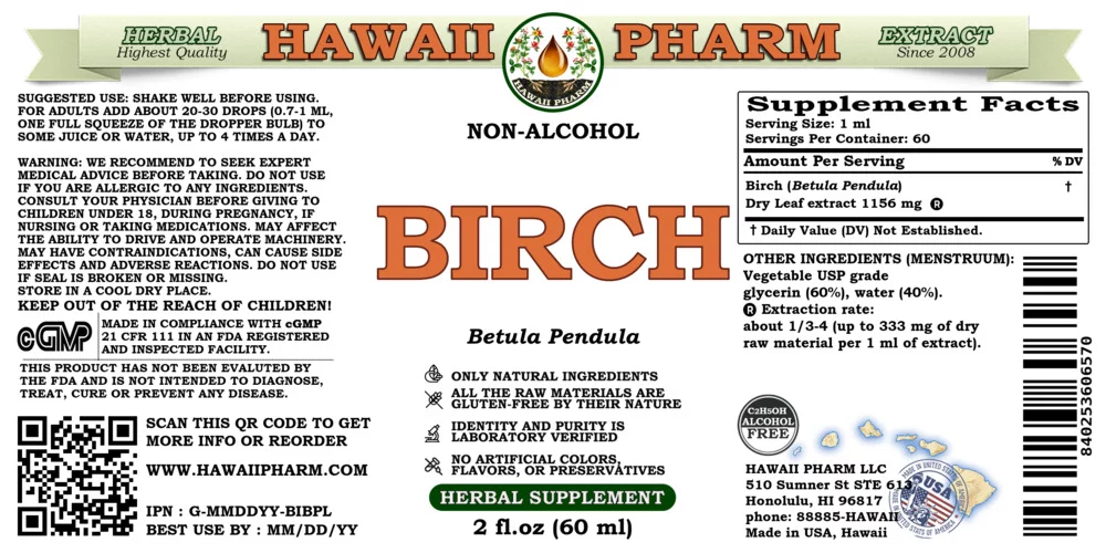 Birch (Betula Pendula) Dry Leaf ALCOHOL-FREE Liquid Extract. Expertly Extracted by Trusted HawaiiPharm Brand. Absolutely Natural. Proudly made in USA. Glycerite 2 Fl.Oz