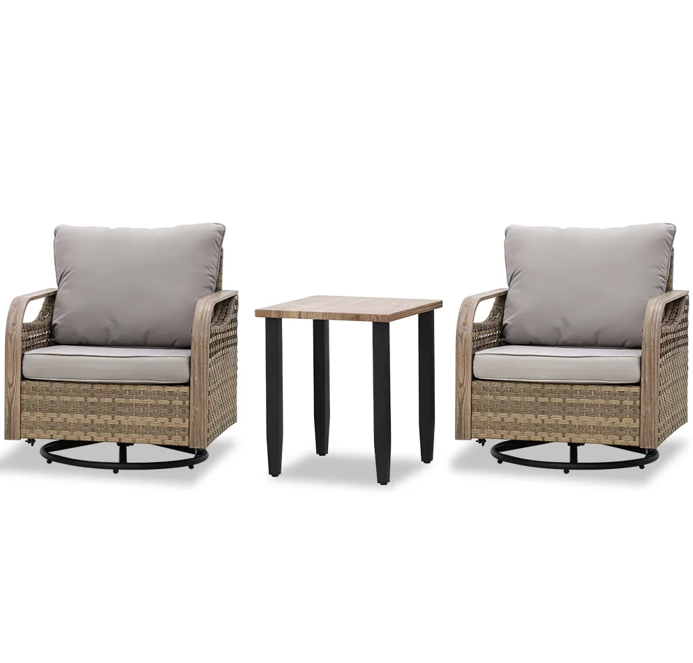 EAGLE PEAK Wicker Bistro Table and Chairs Set of 3, Outdoor Bistro Set, 3 Piece Patio Furniture Set w/ 360° Wicker Swivel Rocking Chairs & Side Table, Brown/Beige