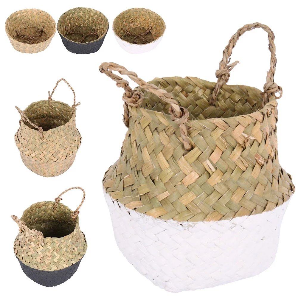 ODOMY Foldable Seagrass Knit Storage Basket Hanging Decorative Garden Flower Pot Laundry Toys Big Belly Basket