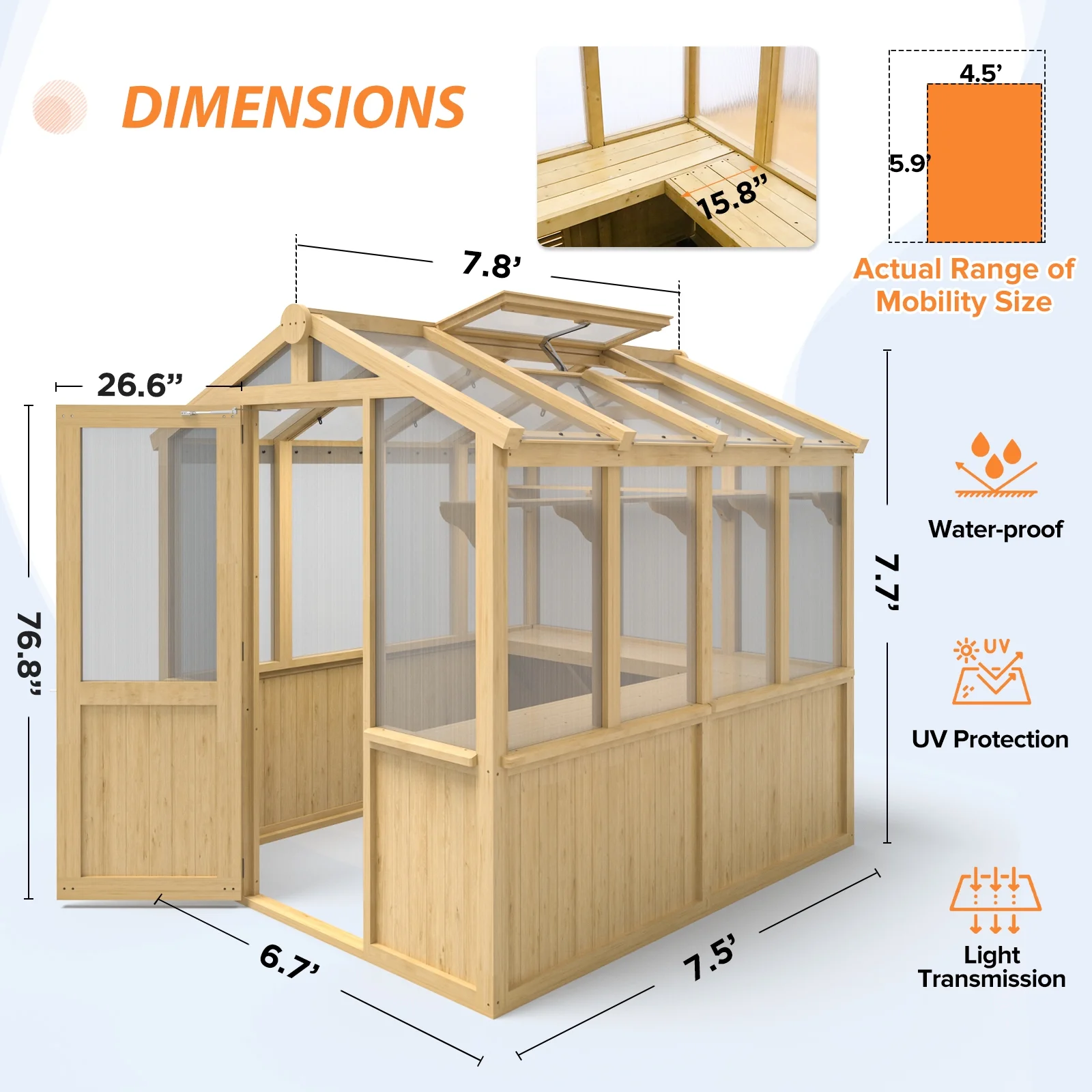 EAGLE PEAK 7.5x6.7x7.7 Wood and Polycarbonate Walk-in Greenhouse, Cedar Framed Hobby Greenhouse, Gardening Hot House with Roof Vent, Natural