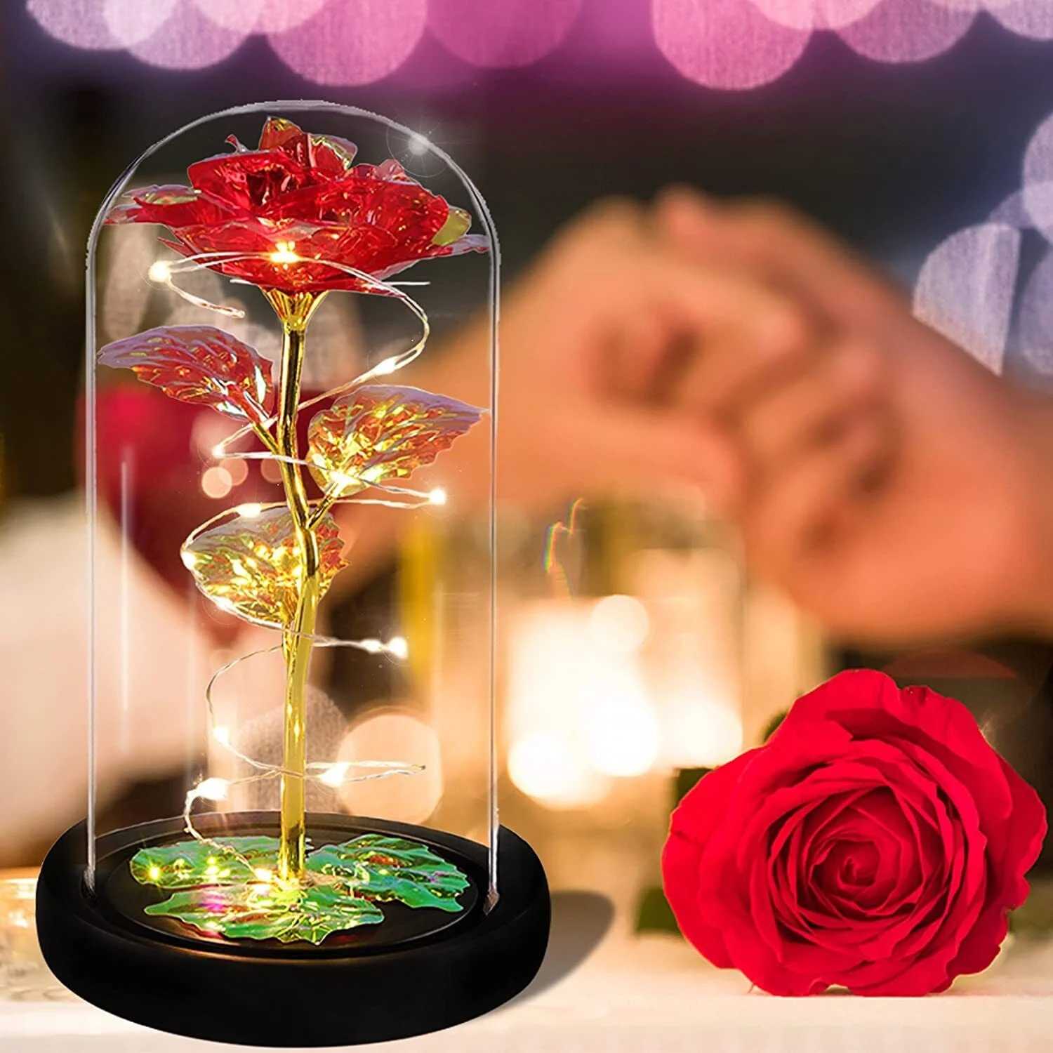 LED Colorful Red Rose Flower with Gold Butterfly Decor in Glass Dome Valentine's Day Mother's Day Holiday Gifts