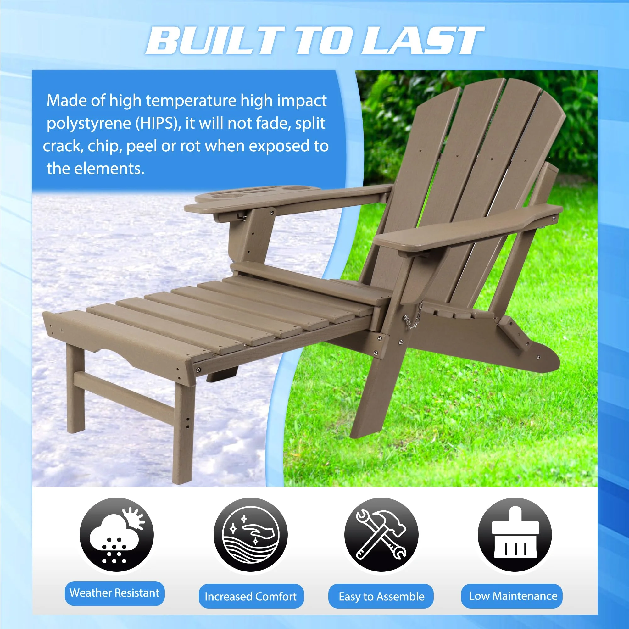 2PCS Folding Adirondack Chair with Retractable Ottoman, HDPE All-Weather Resistant Adjustable Backrest Adirondack Chair w/4 in 1 Cup Holder Trays, Wood Texture Brown