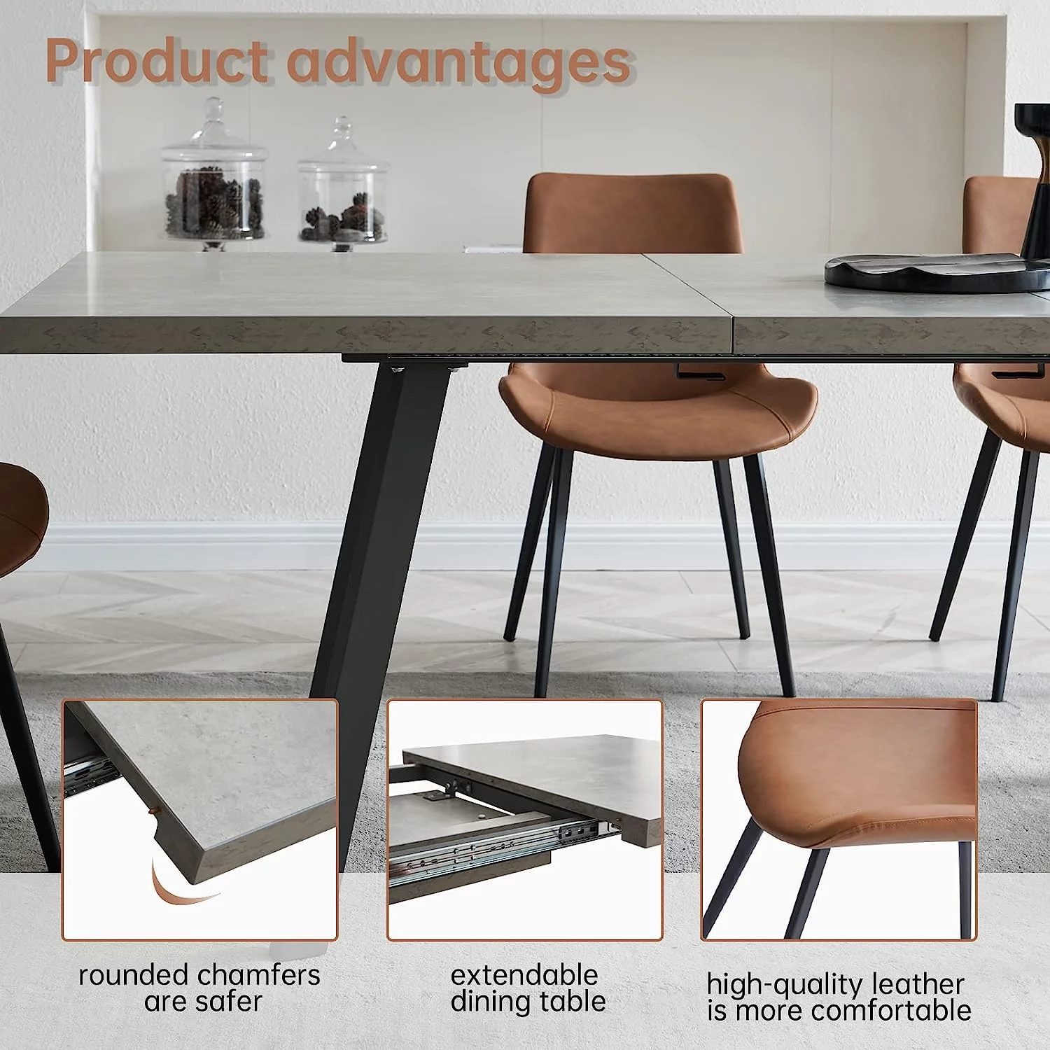 Table Set for 6  Mid-Century Kitchen Table Set for 8-10 Person for Dining Room  Steel Legs (1 Table 6 Brown Chair)