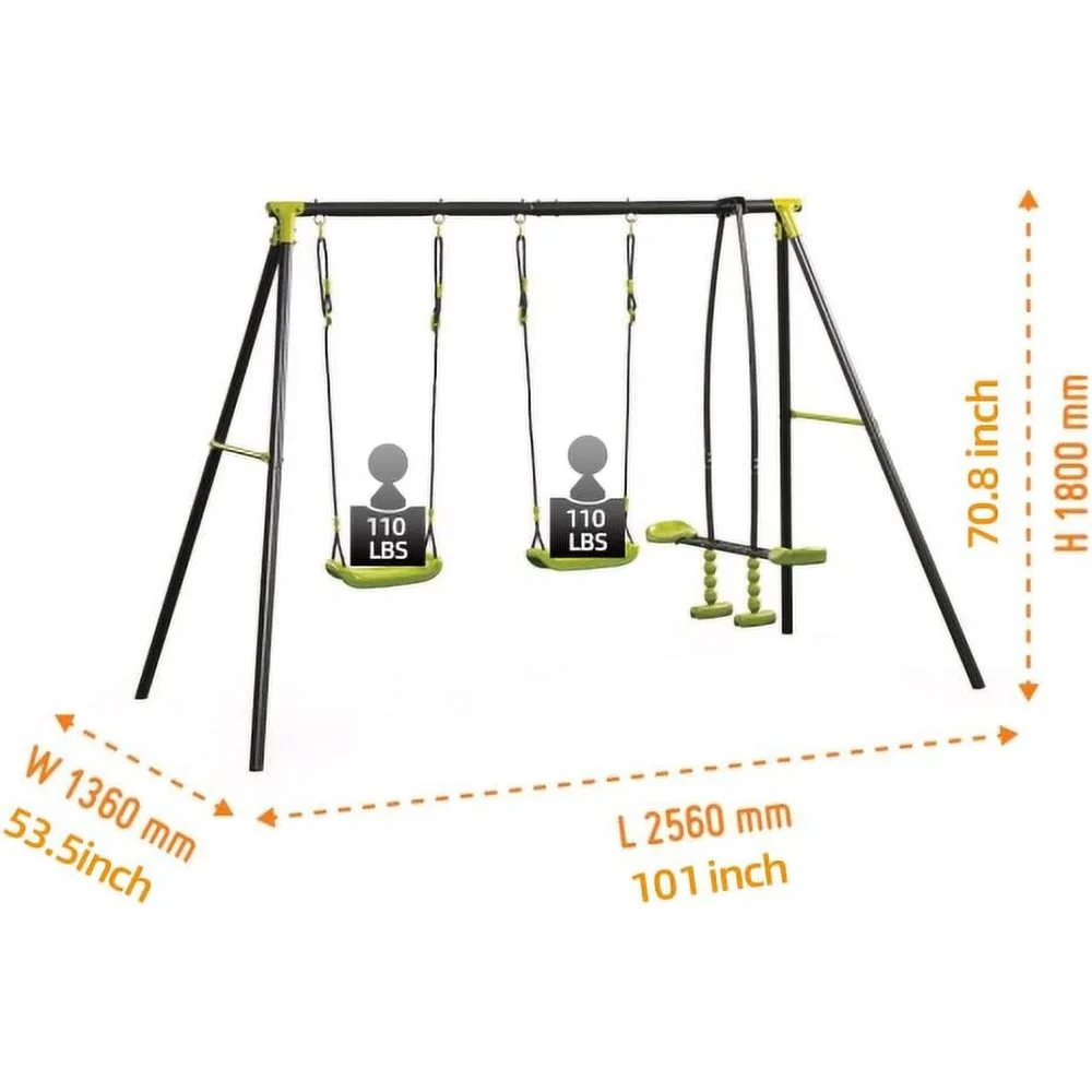 Buumin XNS008 interesting triple children metal safe swing set 440lbs for outdoor playground three seat swing black and green for age 3+