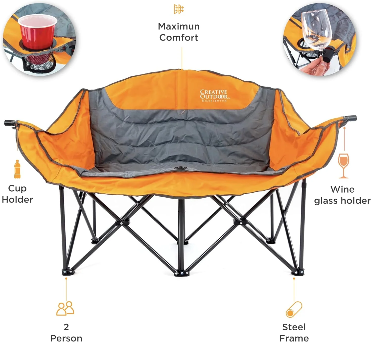 Luxury Camp Chair, Steel Frame & Polyester Fabrics, Folds Compact, Storage Bag Included (Wine Holder + 2 Person, Orange)