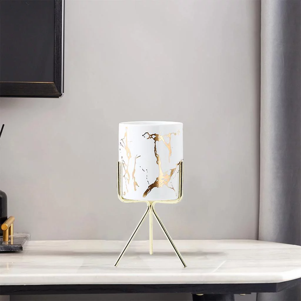 Marble Texture Pot with Stand Cylinder Planter Holder White L