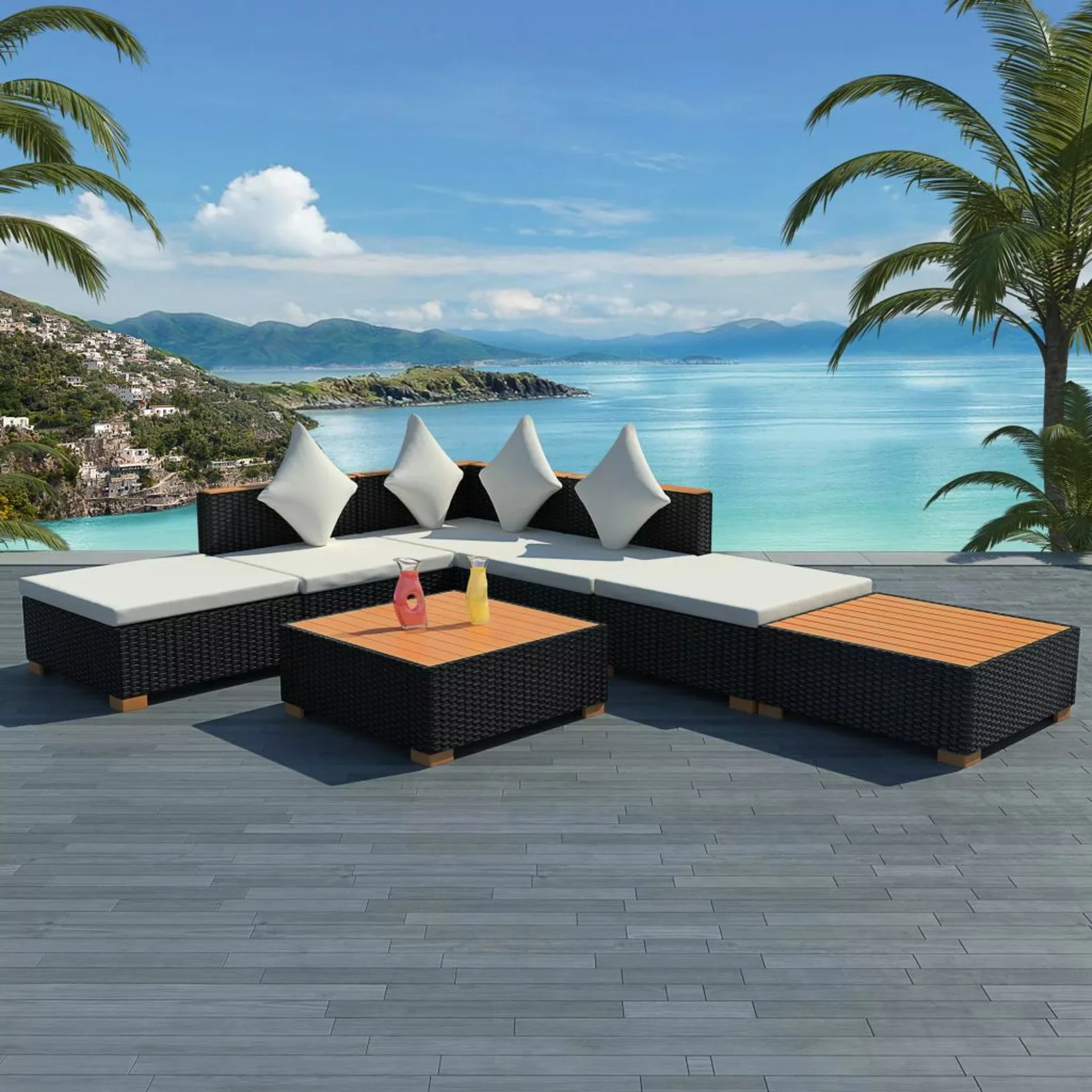 ametoys 7 Piece Patio Set with Cushions Poly Rattan Black
