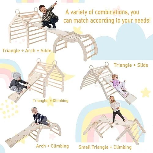 Transformable Climbing Triangle, Pikler Triangle Set with Arch and Ramp, Foldable Wooden Montessori Climbing, Wood Play Gym, Toddler Gym for 2-6 Years.