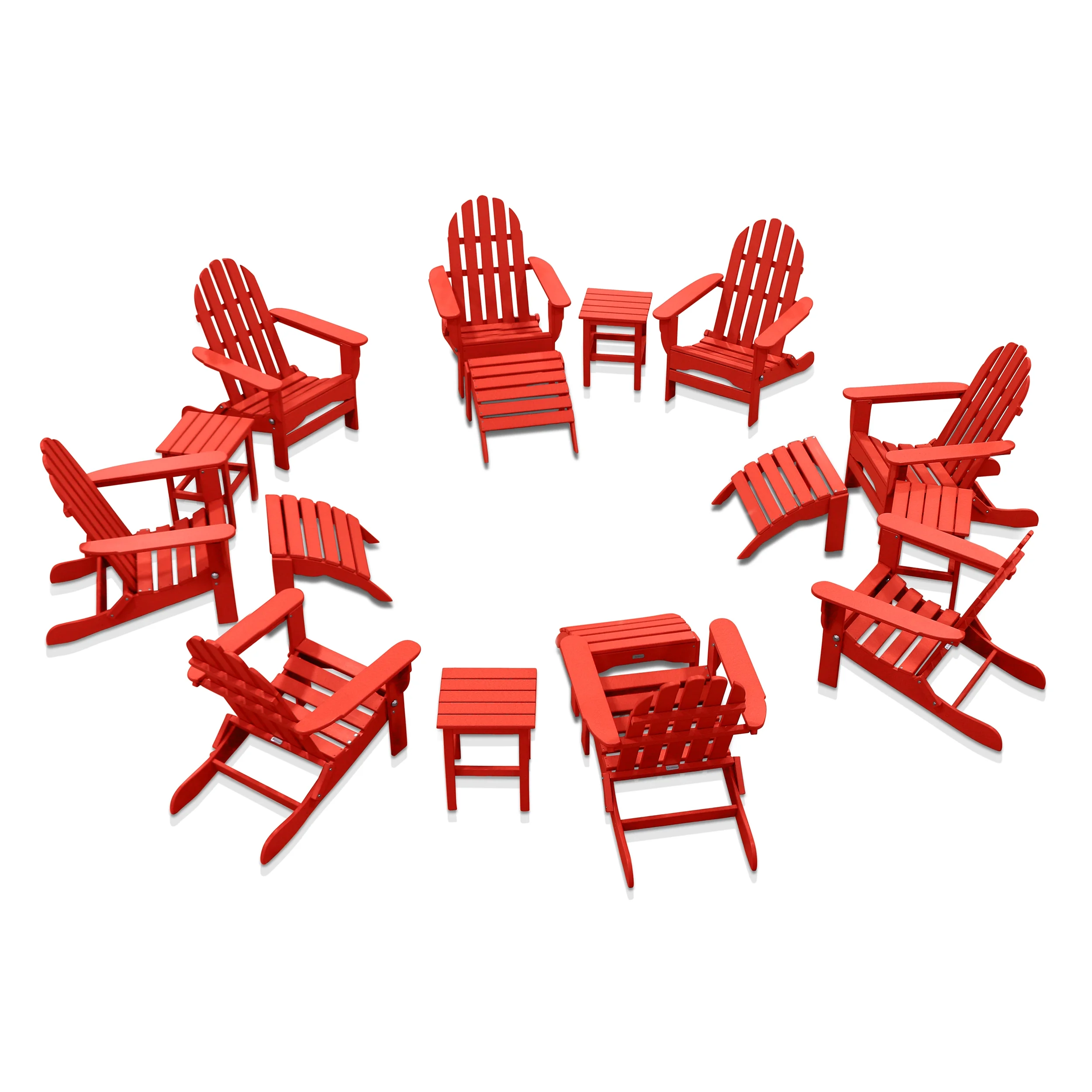 DuroGreen 16-Pc Folding Adirondack Chair Set, 8 Chairs, 4 Ottomans, and 4 Side Tables Made With All-Weather Tangentwood, Oversized, High End Patio Furniture, No Maintenance, USA Made, Bright Red