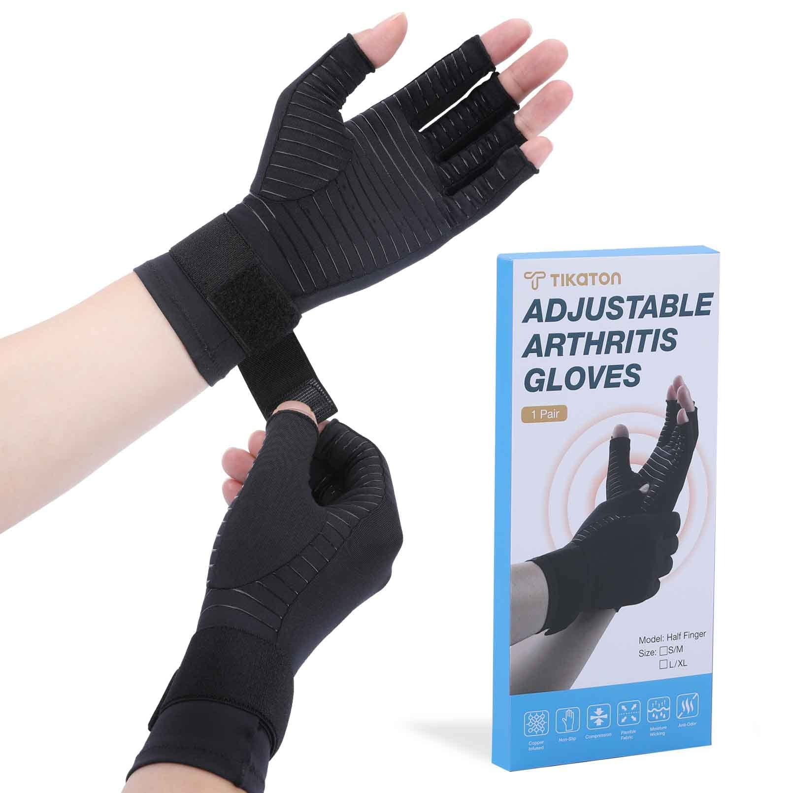 Tikaton Arthritis Compression Gloves with Adjustable Wrist Strap for Women and Men, Copper Infused Half-Finger Gloves -1 Pair