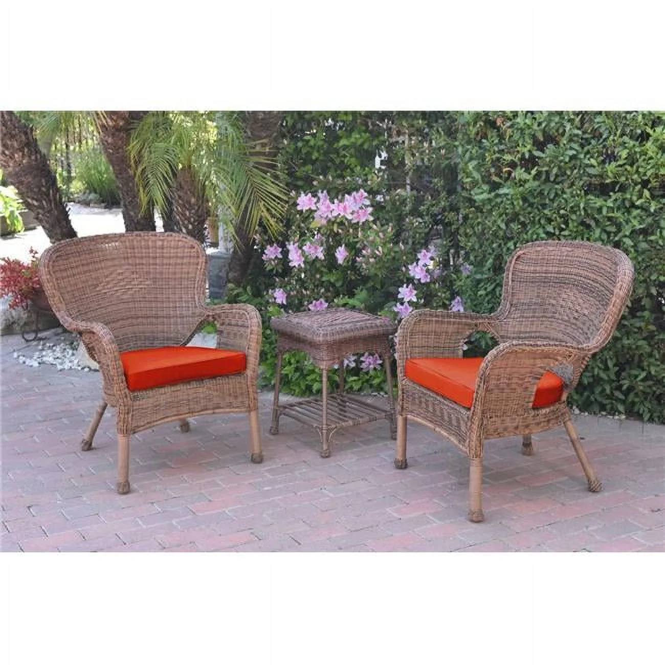 W00212-2-CES018 Windsor Honey Wicker Chair & End Table Set with Brick Red Cushion