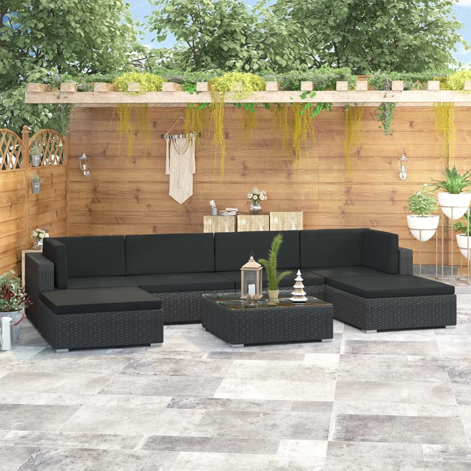 Dcenta 7 Piece Patio Set with Cushions Poly Rattan Black