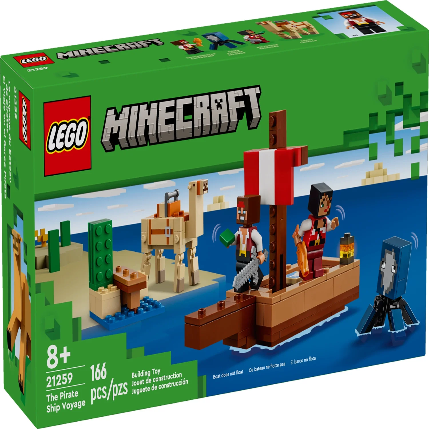 LEGO Minecraft The Pirate Ship Voyage, Boat Toy Playset for Kids with Squid, Camel and Pirate Figures, Pirate Toy Building Set for Action Role-Play, Minecraft Gift for 8 Year Old Boys and Girls, 21259