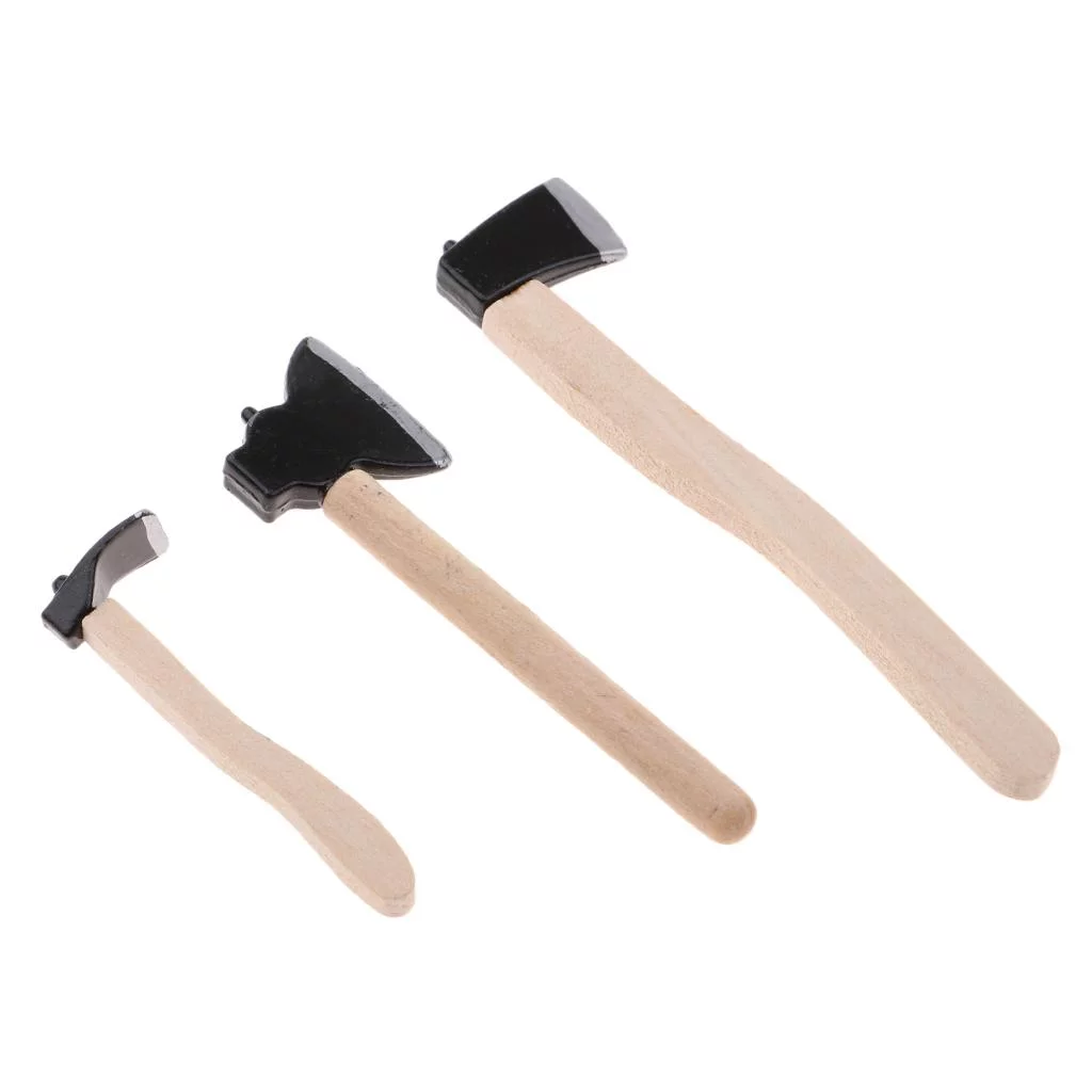 Dolls House Miniature Wooden Handle Hatchet Hoe Garden Supplies Hand Tools Set 3pcs