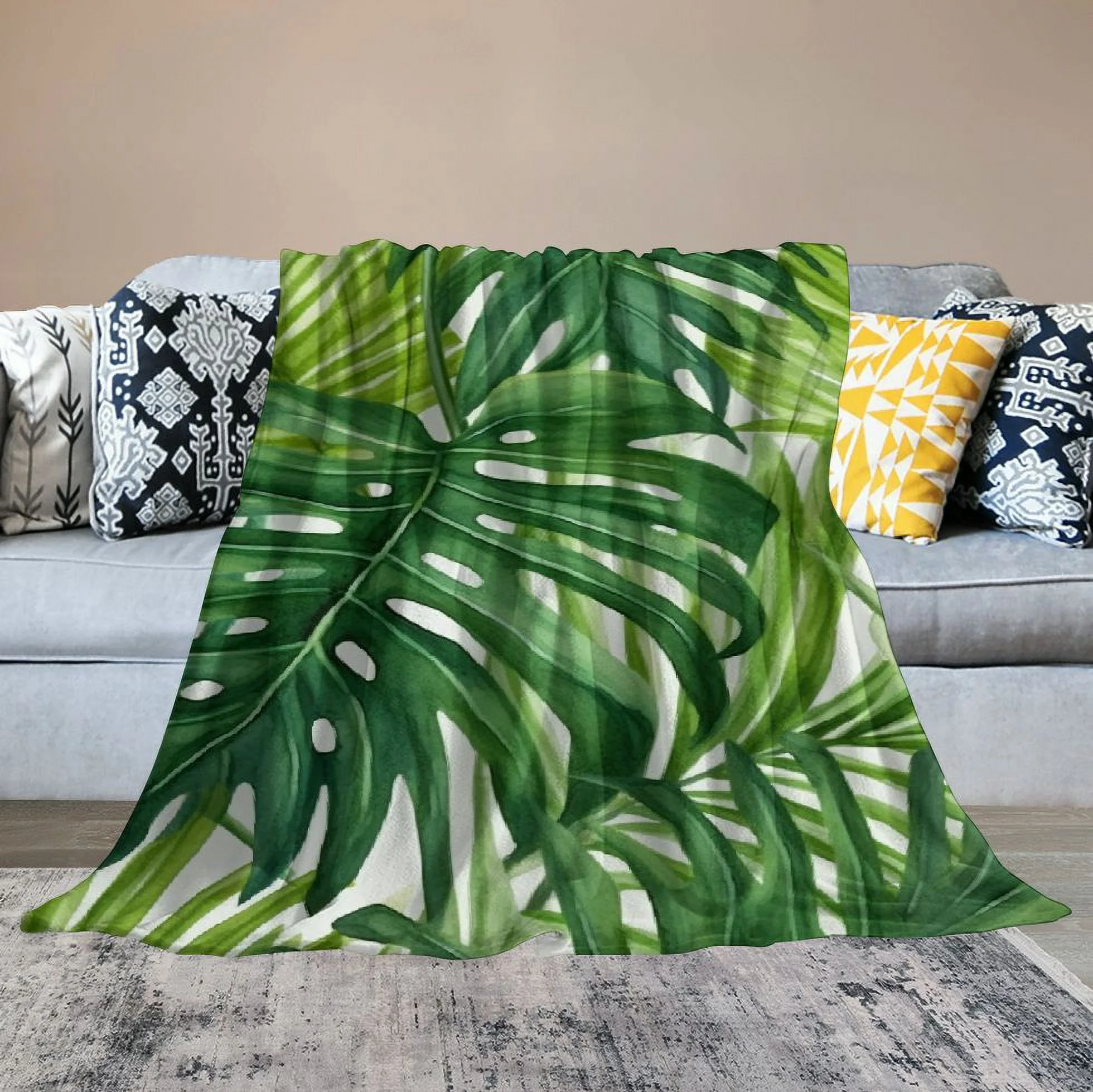 JRXY  Tropical Palm Leaves Throw Blanket Watercolor Palm Tree Green Leaf Summer Rainforest Cosy Throw Blanket Flannel for Bedroom Sofa Couch Car Deck Chair White