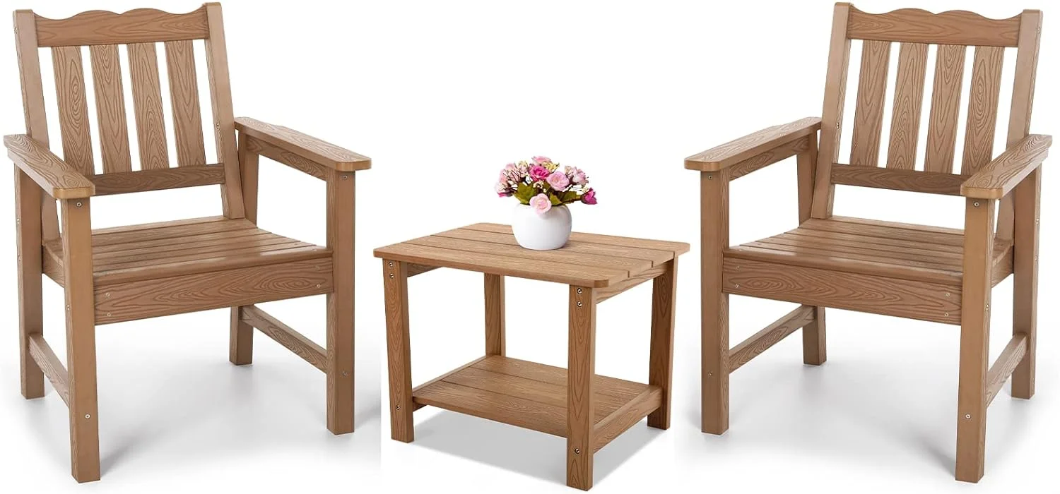 3-Piece All-Weather Garden Chairs Set of 2 with Table, Outdoor Dining Chair with 400 lbs Weight Capacity, Patio Bistro Set for Porch, Backyard, Lawn and Deck, Teak