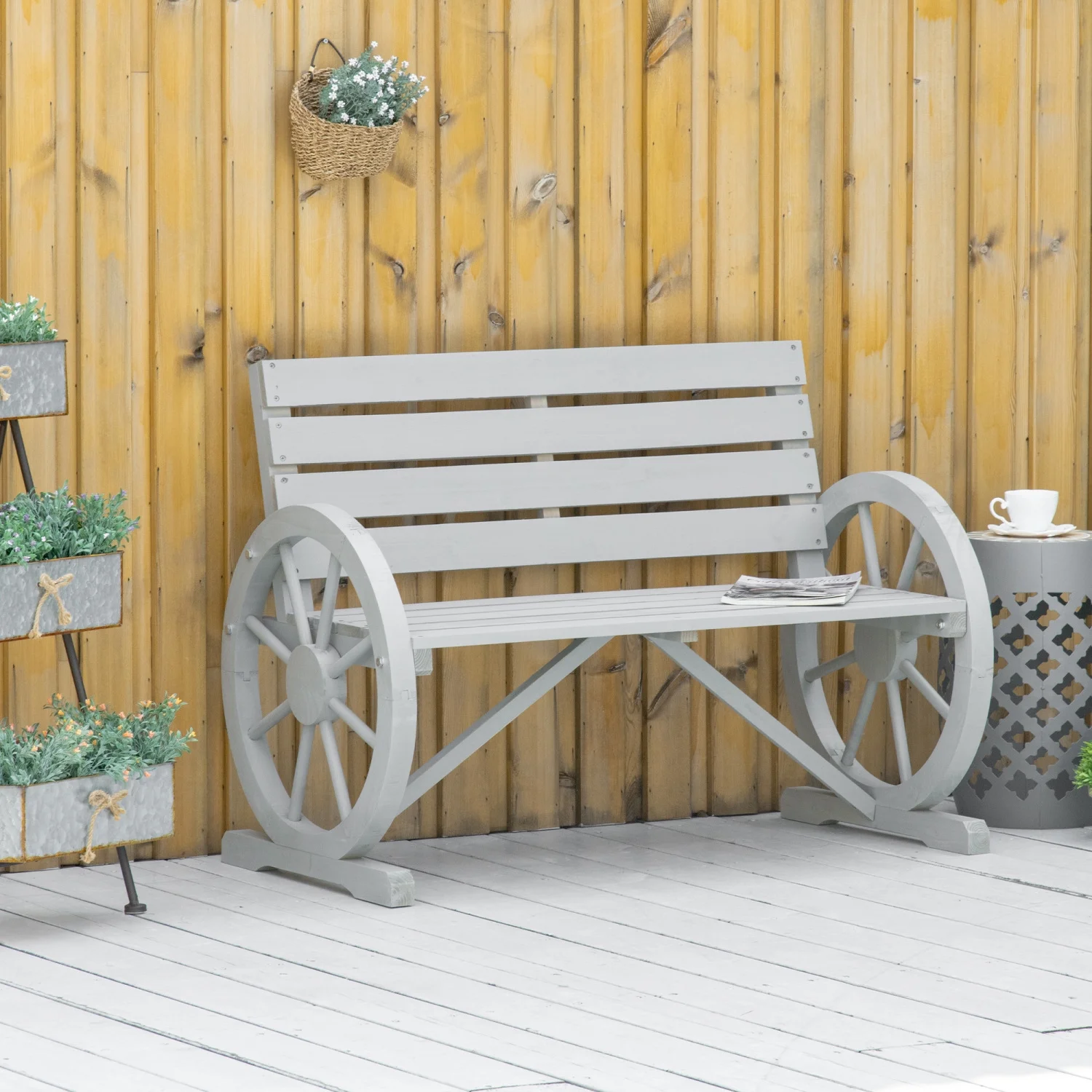 LEIYEHOOM 41” Wooden Wagon Wheel Bench  Rustic Outdoor Patio Weather Resistance   2-Person Slatted Seat Bench with Backrest  Light Gray