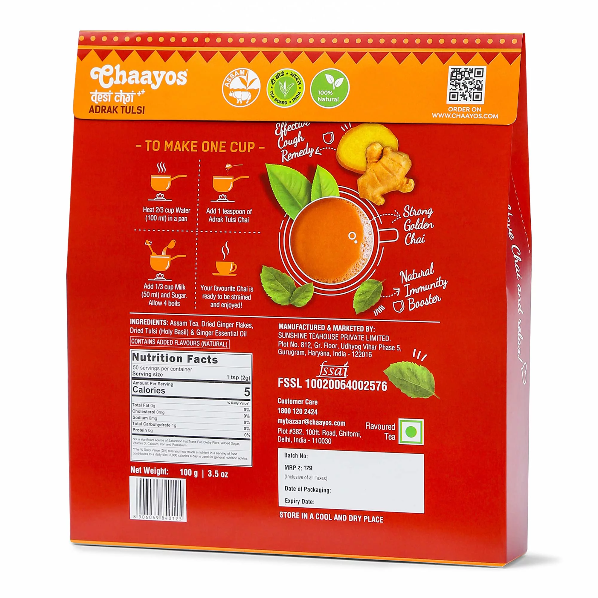 Chaayos Adrak Tulsi Tea - Immunity Boosting Chai Patti With Tulsi (Holy Basil) 100G