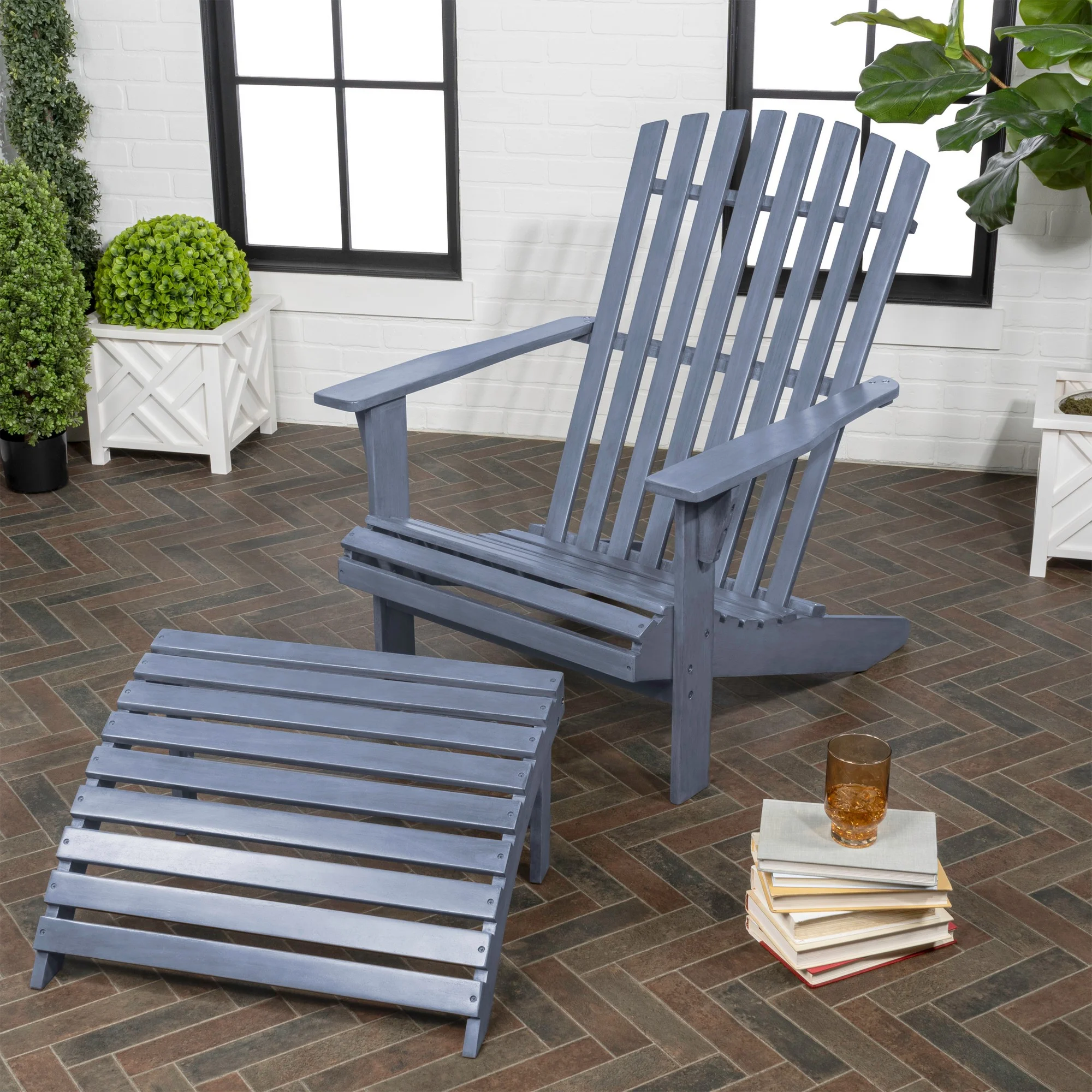 Saranac 2-Piece Traditional Rustic Acacia Wood Adirondack Chair with Detachable Ottoman, Cashmere Blue