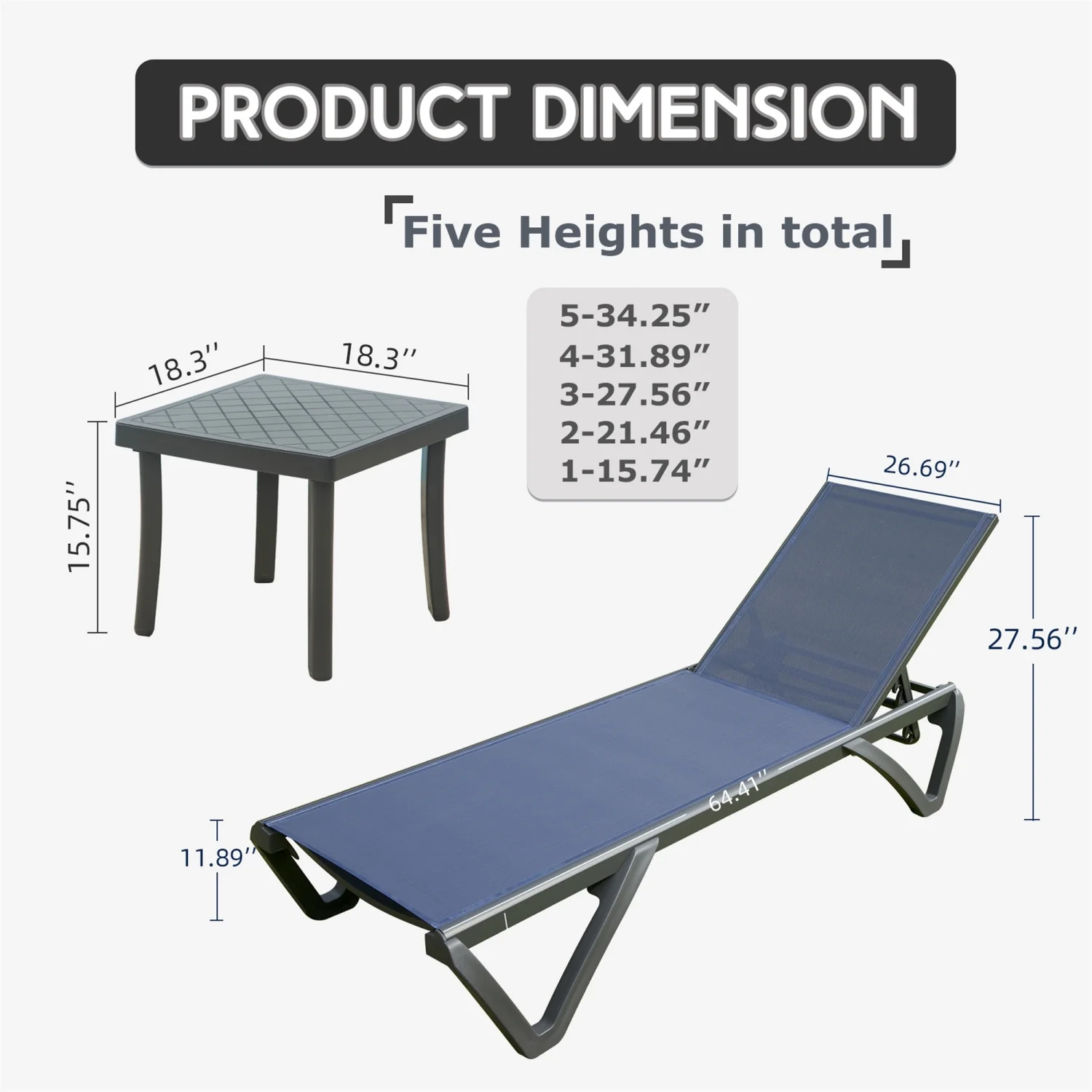 GFCIJMBD Outdoor Lounge Chair  Aluminum Plastic Patio Chaise Lounge with  & 5 Position Adjustable Backrest & Wheels  All Weather Reclining Chair for Outside Beach Poolside Lawn  Navy Blue