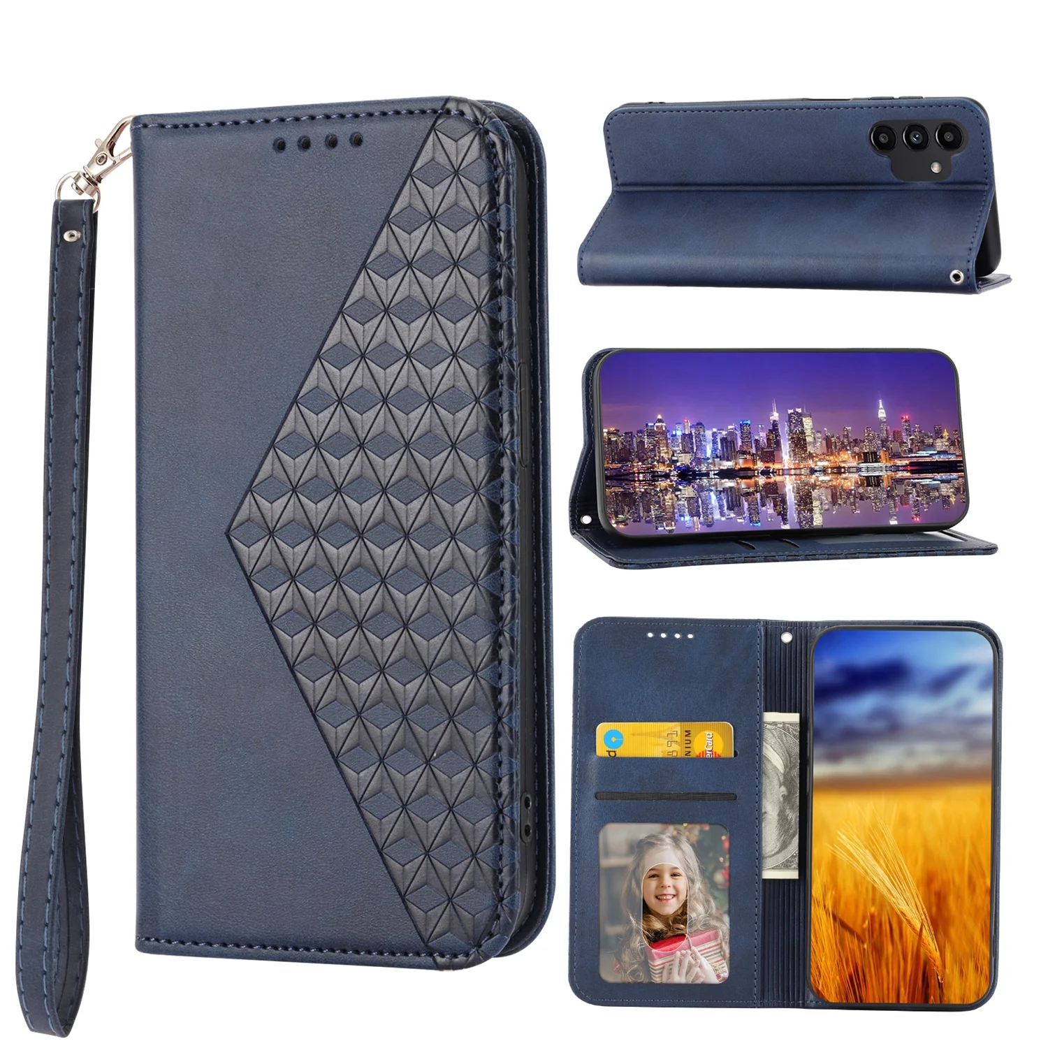 Tarise for Samsung Galaxy A13 Flip Cover, Luxury PU Leather Shockproof Folding Kickstand Card Holder Pocket Wallet Wrist Strap Handbag Magnetic Closure Phone Case for Samsung A13 5G/4G, Blue